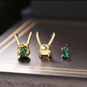 14K Gold Plated Green Emerald Loki Helmet 2 pr in 1 Combination Earring